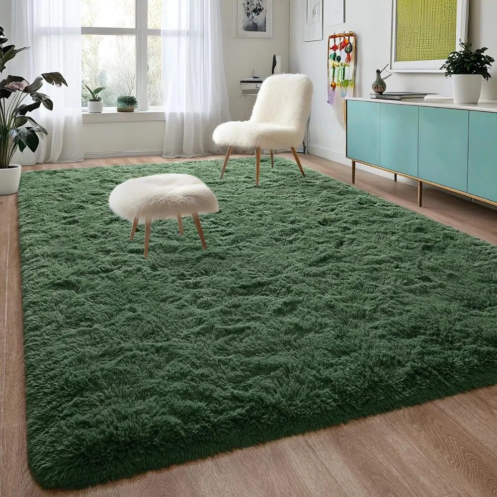 Large Fluffy Dark Green Modern Indoor Carpets